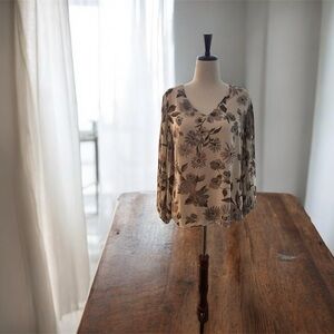 Floral V-Neck Blouse - Cream, Brown, and blush chiffon